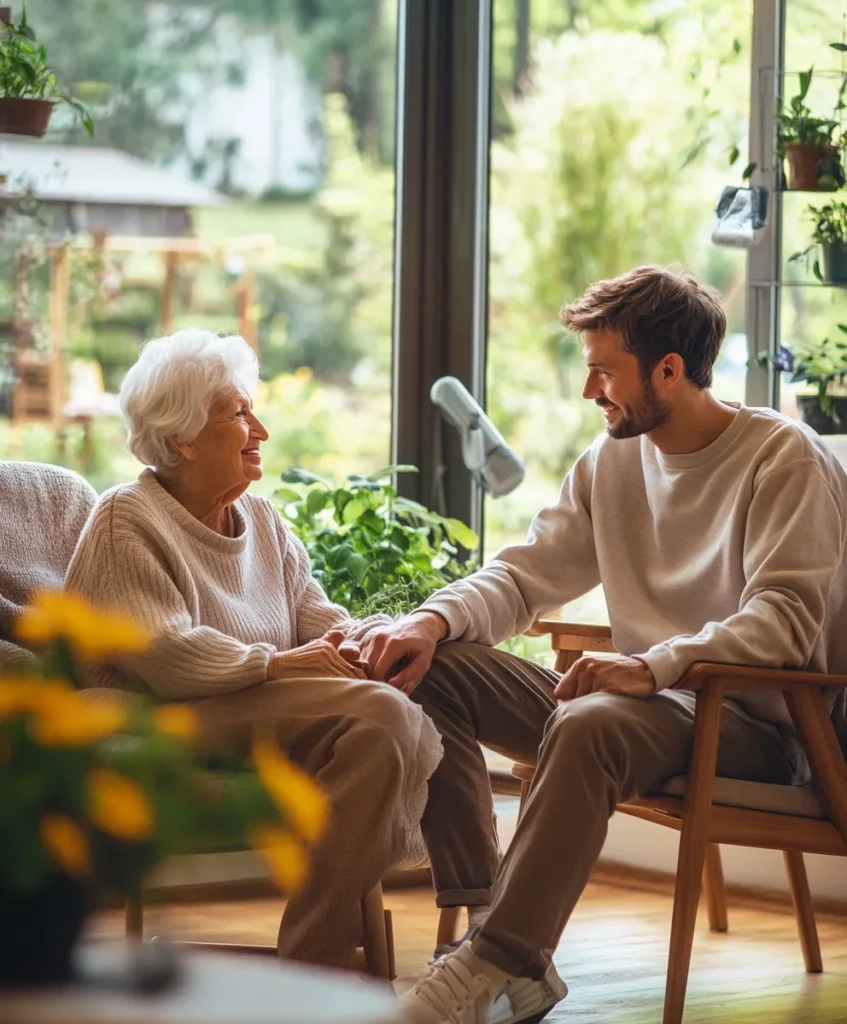 Verpleegkundige in gesprek met een oudere vrouw in haar woonkamer