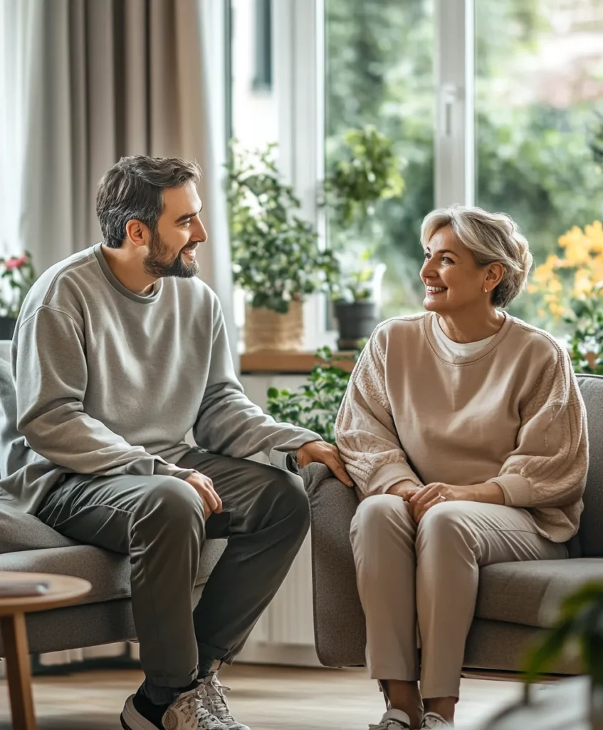 Zorgverlener en vrouw in een ontspannen gesprek thuis in de zetel
